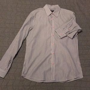 H&M black, white, and red strip button up